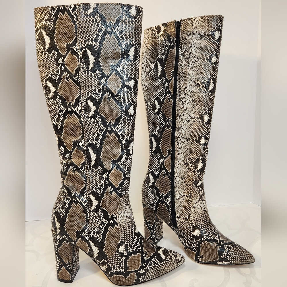 Catherine Malandrino Tall Black White Snakeskin Pointed Toe Block Heel Boot S 6